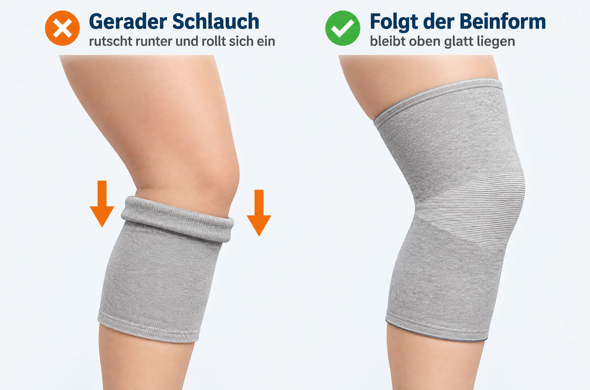 Links eine gerade Bandage, die nach unten rutscht und sich oben einrollt. Rechts eine Bandage, die der Beinform folgt und oben glatt liegt.